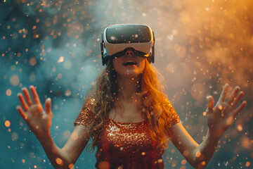 A woman interacts with the virtual world using a VR headset.