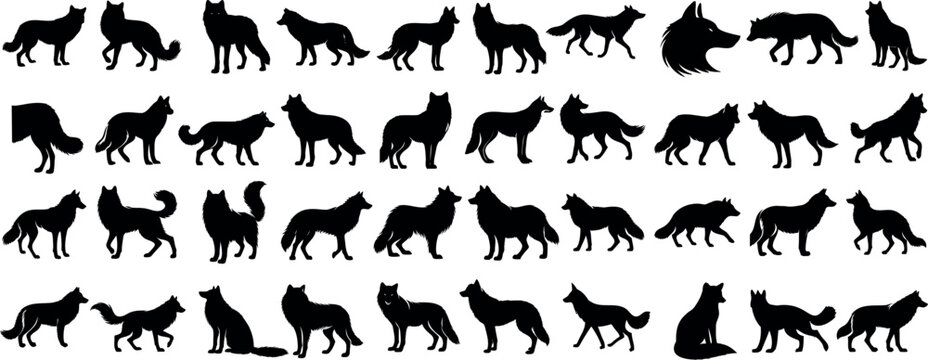 Wolf silhouettes, various poses of wolves, running, standing, howling, wildlife, nature, animal, wild, canine, predator, pack, forest, moonlight, illustration, wolf vector artwork designs