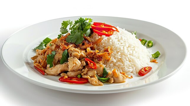 A Plate of Chicken Rice on White Background 8K