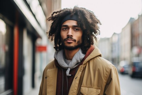young handsome afro american man with dreadlocks in the city
