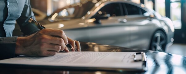 Professional signing a document on a desk, business agreement or contract signing concept with car showroom background