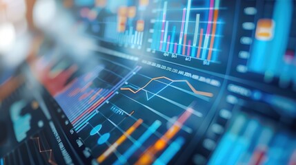 Close-up view of a financial trading monitor with colorful analytical data. Stock market investment and trend analysis concept. - obrazy, fototapety, plakaty