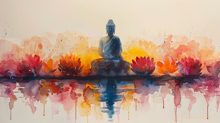Watercolor Illustration of Buddha and lotus, Vesak Day