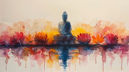Tuinposter Watercolor Illustration of Buddha and lotus, Vesak Day © Articre8ing
