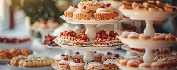 Sophisticated high tea scene featuring sumptuous pastries and an exquisite tea selection with attendees in elegant attire celebrating a special occasion in a luxurious manner - obrazy, fototapety, plakaty