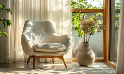 A living room bathed in soft, natural light, featuring an armchair as symbolizing serene modernity in minimalist design - obrazy, fototapety, plakaty