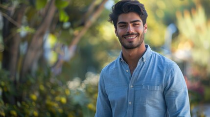 Young man is smiling and posing for the camera wearing a smart casual blue shirt, looking relaxed and confident - obrazy, fototapety, plakaty