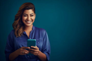 Young woman wearing blue overalls sending a text message and laughing while standing against a blue background - obrazy, fototapety, plakaty