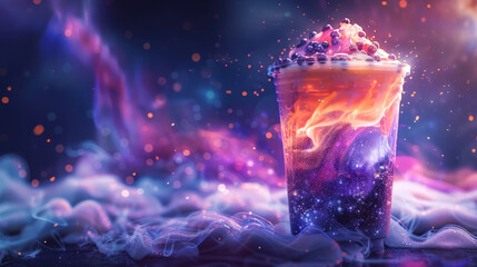 Surrealistic digital painting of milk tea merging into a galaxy stars forming the boba pearls in a universe where beverages connect worlds - obrazy, fototapety, plakaty