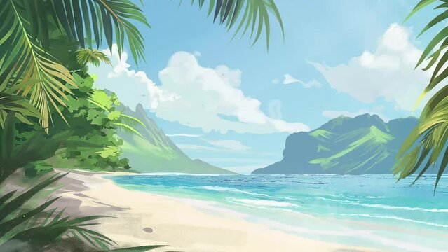 sunny tropical beach with palm leaves and paradise. cartoon illustration concept background. seamless looping overlay 4k virtual video animation background