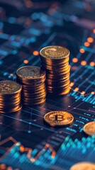 Stacks of Bitcoin coins on a digital trading chart background, symbolizing cryptocurrency investment, trading, and the digital finance market