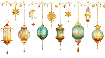Ramadan Kareem Border, Islamic art Style Background. Symbols of Ramadan Mubarak, Hanging Gold Lanterns, arabic lamps, lanterns Arabic shining lamps. Outline golden decor in Eastern style.