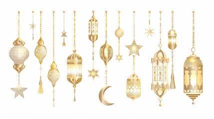 Ramadan Kareem Border, Islamic art Style Background. Symbols of Ramadan Mubarak, Hanging Gold Lanterns, arabic lamps, lanterns Arabic shining lamps. Outline golden decor in Eastern style.