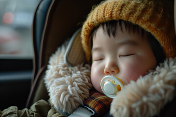 An Asian baby, toddler, infant, sleeping in a car seat with a seatbelt, winter, with a pacifier, dummy. Child car safety. - obrazy, fototapety, plakaty