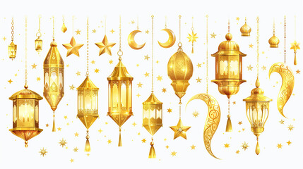 Fototapeta na wymiar Ramadan Kareem Border, Islamic art Style Background. Symbols of Ramadan Mubarak, Hanging Gold Lanterns, arabic lamps, lanterns Arabic shining lamps. Outline golden decor in Eastern style.