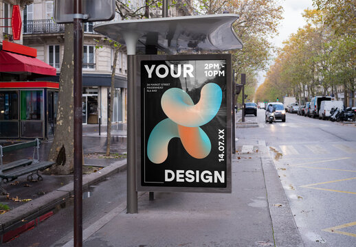 Mockup of customizable vertical poster on bus stop
