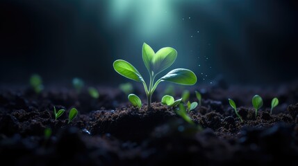 Young Plant Sprouting in Soil with Night Light