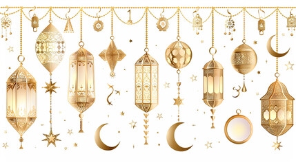 combination of shining hanging gold lanterns. Outline golden decor in Eastern style. Islamic background. Ramadan Kareem greeting card, advertising, discount, poster.