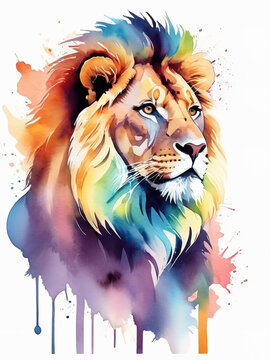 Watercolor lion on white background. Hand drawn watercolor illustration.
