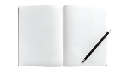 A top-down view of a white sketchbook opened to a blank page, with a single pencil resting on its surface, transparent background