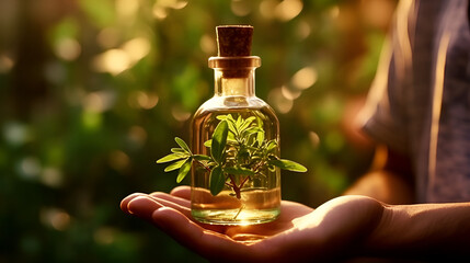 potion bottle in hand of herbalist ,A plant in a bottle with a green leaf on it - obrazy, fototapety, plakaty
