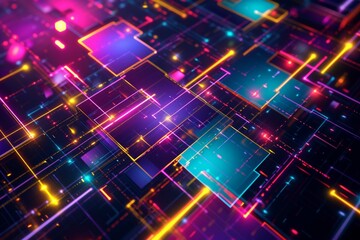 Generative AI illustration of abstract background of multicolored geometric interpolation of squares and rectangles with bright blue purple and yellow neon lights against black background