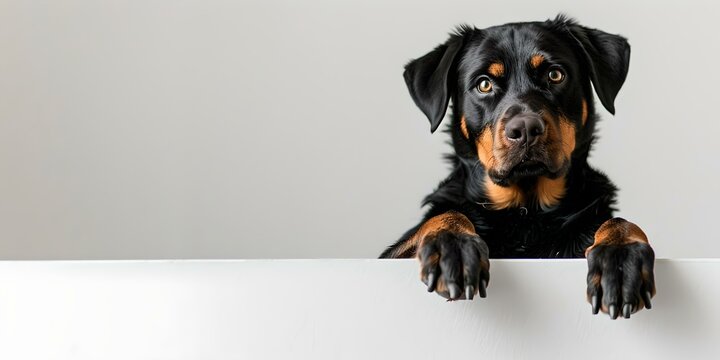 Adorable rottweiler peering over edge, minimalist style pet portrait. perfect for modern decor and animal lovers. high-quality image for download. AI