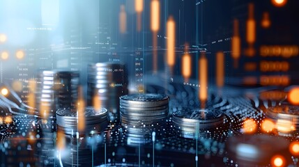 Double exposure of graph and rows of coins for finance and business concept