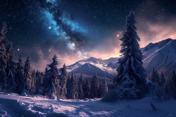 Glowing Northern lights and Milky Way in night sky over mountainous terrain with coniferous trees covered with snow in wintertime