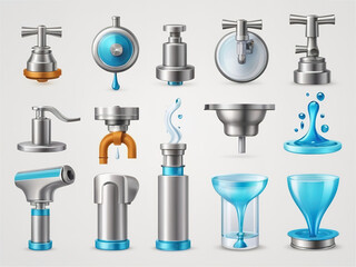 Faucet and water pipe icons set, realistic vector illustration.