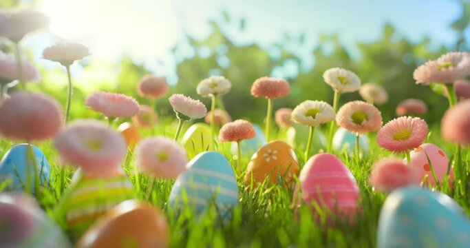 Colorful easter eggs in a basket on the meadow