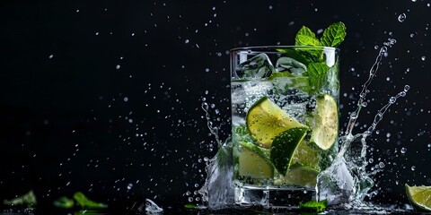 Refreshing lime and mint mojito cocktail splashing in glass on black background, concept of summer drinks. AI
