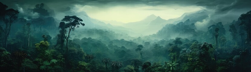 Misty Rainforest Morning with Rising Sun - obrazy, fototapety, plakaty