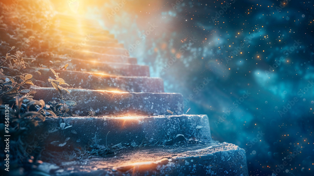 Wall mural Close-up of a sacred stairway to heaven, glowing with divine light, a path of spiritual ascent and purity.