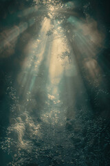 Close-up, spiritual path ascending to heaven, framed by celestial light, embodying hope and serenity.