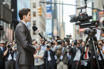 A young male reporter standing confidently as he delivers a report on a bustling city street