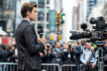 A young male reporter standing confidently as he delivers a report on a bustling city street - obrazy, fototapety, plakaty