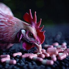 Antibiotic use in chicken farms. Sustainable chicken farming against antibiotic use. Sustainable agriculture, veterinary care, and antibiotic resistance. Drug resistance in modern agriculture. - obrazy, fototapety, plakaty