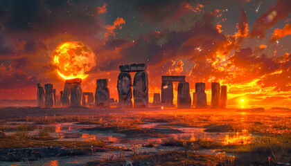 Mystical Spring Equinox Celebration at Ancient Stone Circle with Balanced Sun and Moon - obrazy, fototapety, plakaty