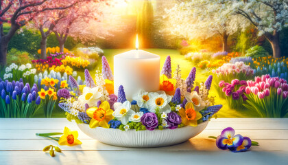 White Candle in Floral Arrangement with Lush Garden Background.  Celebration spring holiday Easter, Spring Equinox day, Ostara Sabbat. - obrazy, fototapety, plakaty
