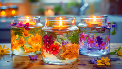 Arrangement with Floating Candles in Glass Holders Decorated with Fresh Spring Flowers. Celebration spring holiday Easter, Spring Equinox day, Ostara Sabbat. - obrazy, fototapety, plakaty