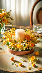 Composition with Scented Candle in  Bowl Surrounded by Yellow Daffodils Flowers and Spring Blossom Twigs.Celebration spring holiday Easter, Spring Equinox