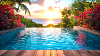 Fototapeta na wymiar Infinity Pool Overlooking Ocean Sunset Surrounded by Blooming Flowers. Travel and holiday concept