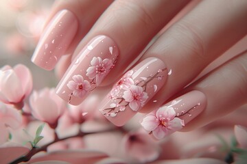 a detailed image of elegant hands featuring manicured nails with a delicate cherry blossom design - obrazy, fototapety, plakaty