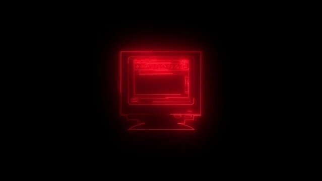Neon glowing red computer monitor icon animation in black background