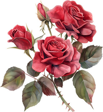 Red rose beautiful bouquet watercolor isolated background