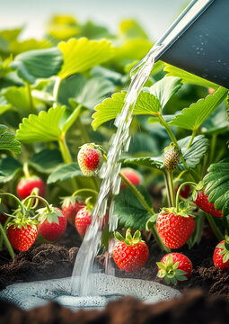 Watering Fresh Strawberry Plants with Watering Can in Garden. Home Gardening concept