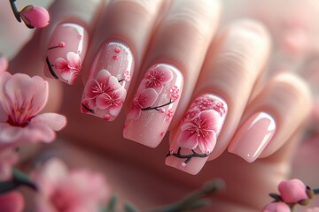 a detailed image of elegant hands featuring manicured nails with a delicate cherry blossom design