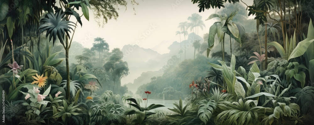 Wall mural Panoramic Tropical Jungle Landscape at Twilight