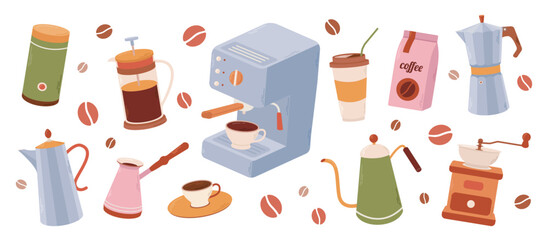 Set of coffee elements collection. Coffee supplies icons. Maker, French press, pot, coffee machine, grinder, grains. Vector cartoon illustration